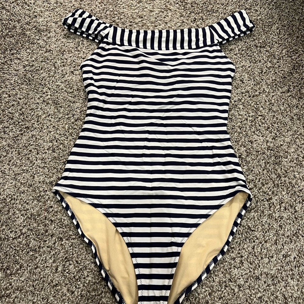 Old Navy Navy and White Striped Off-Shoulder One-Piece Swimsuit